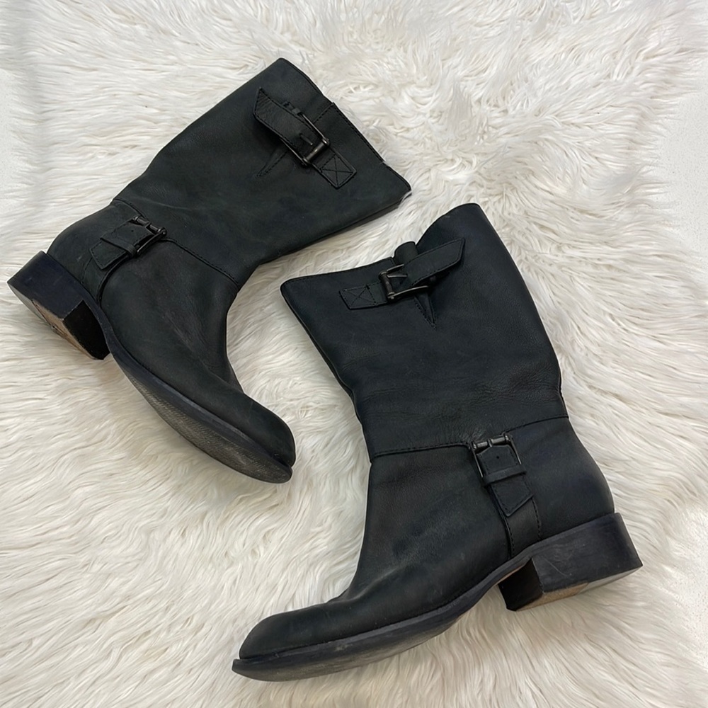 COLE HAAN Black Leather Harness Buckle Moto Boots 8M